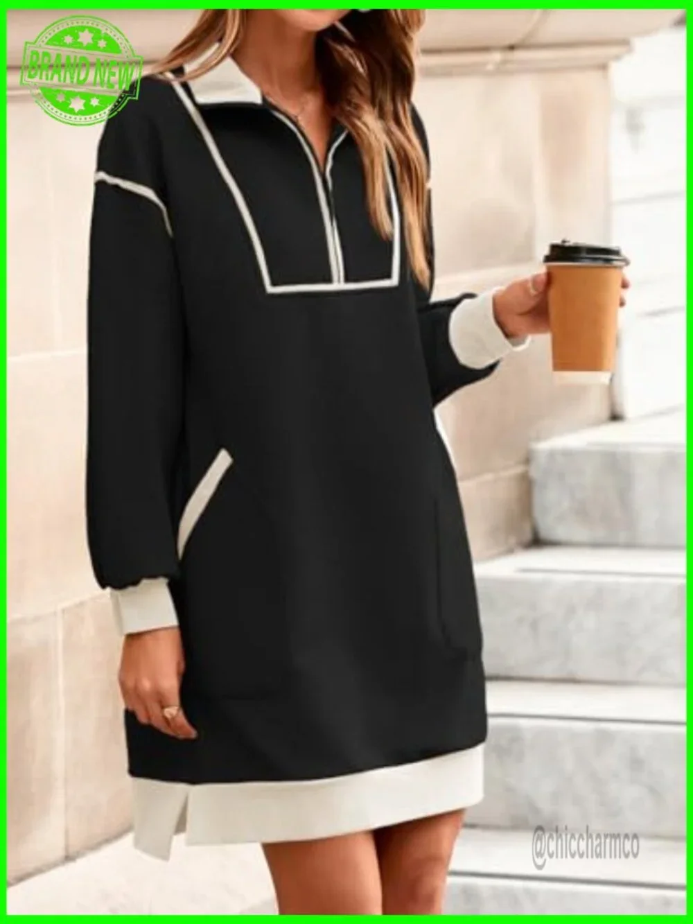 Oversized Half Zip Sweatshirt Dress Long Sleeve Mini Dress with Pockets - Picture 3 of 7